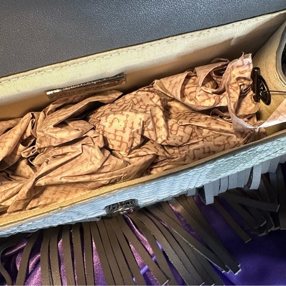 Gray Snake Print Fringe Clutch Crossbody | Animal Print Tassel Bag - Picture 8 of 9